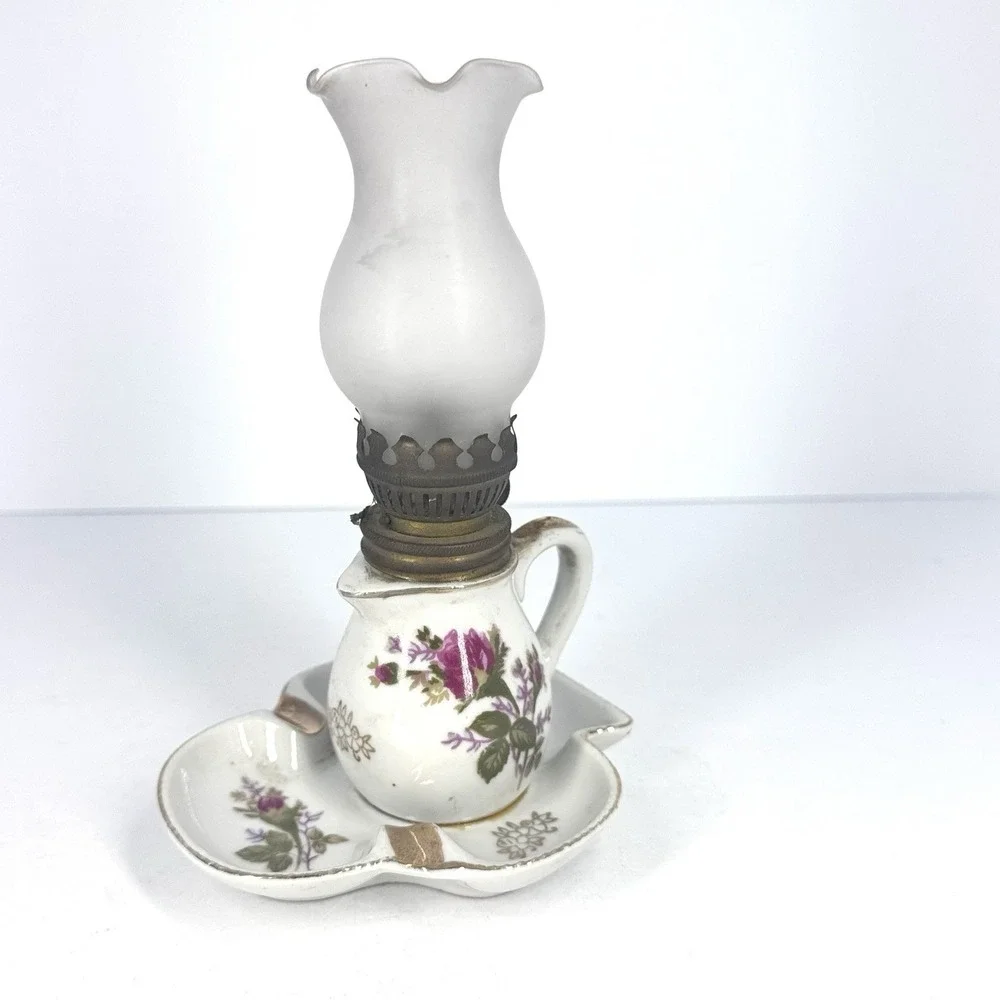 Vintage Miniature Finger Oil Lamp Porcelain‎ Floral Base Milk Glass Chimney
